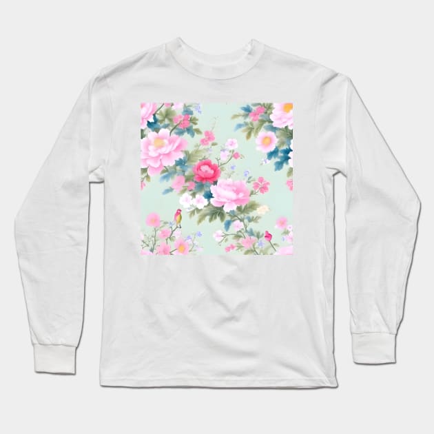 Soft watercolor flowers and birds on mint green Long Sleeve T-Shirt by SophieClimaArt